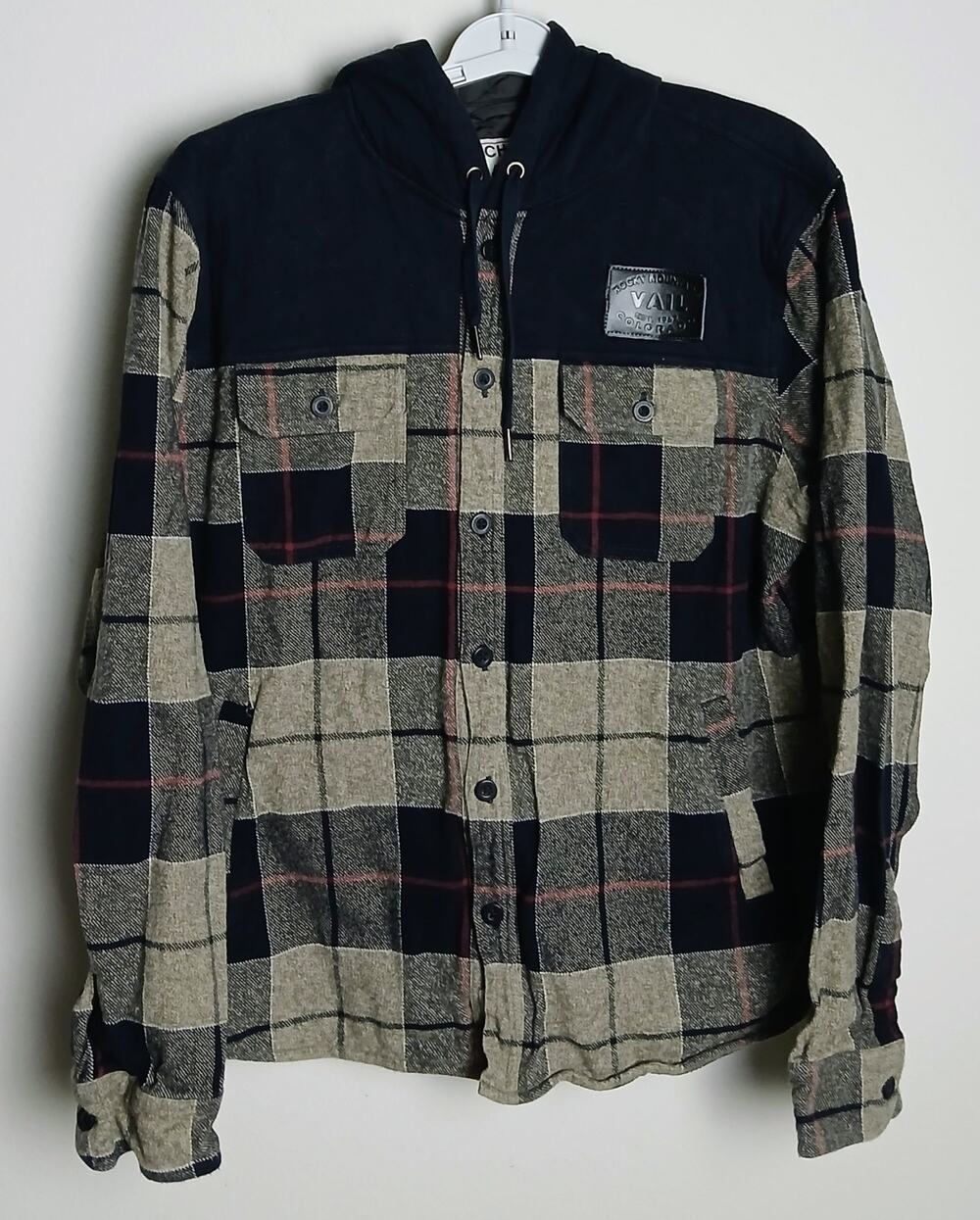 Techstyles Men Large Padded Flannel Button Hoodie Plaid Shacket Jacket Brown L
